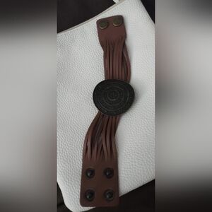 Brown Faux Leather Cuff Bracelet w/ Large Embossed Medallion | Boho Statement